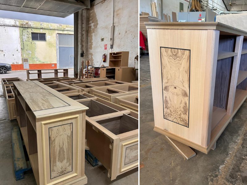 Aparadores de diseño hechos a medida en madera de roble y rareza de olivato.