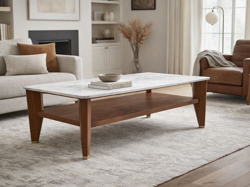 Mesa de diseño hecho a medida en chapa de palisandro y tapa de mármol.