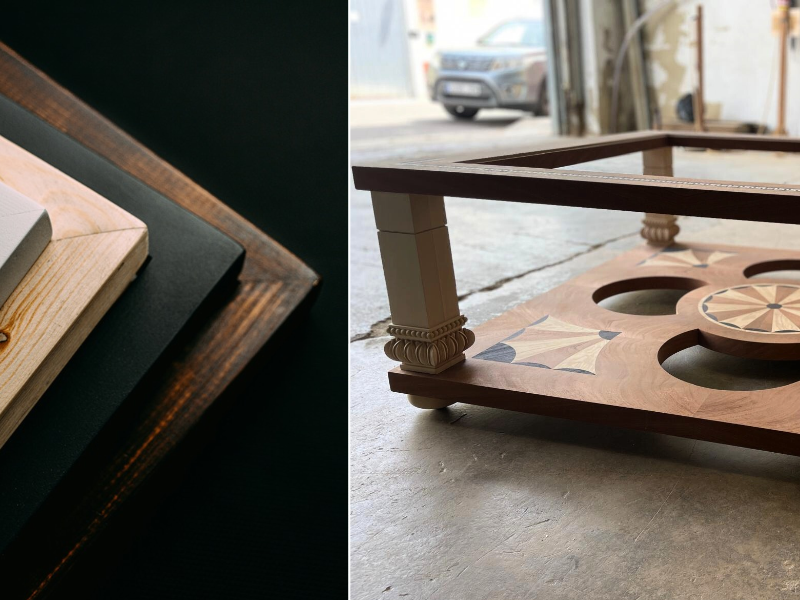Detalle de composición geométrica de marquetería en una mesa de madera.